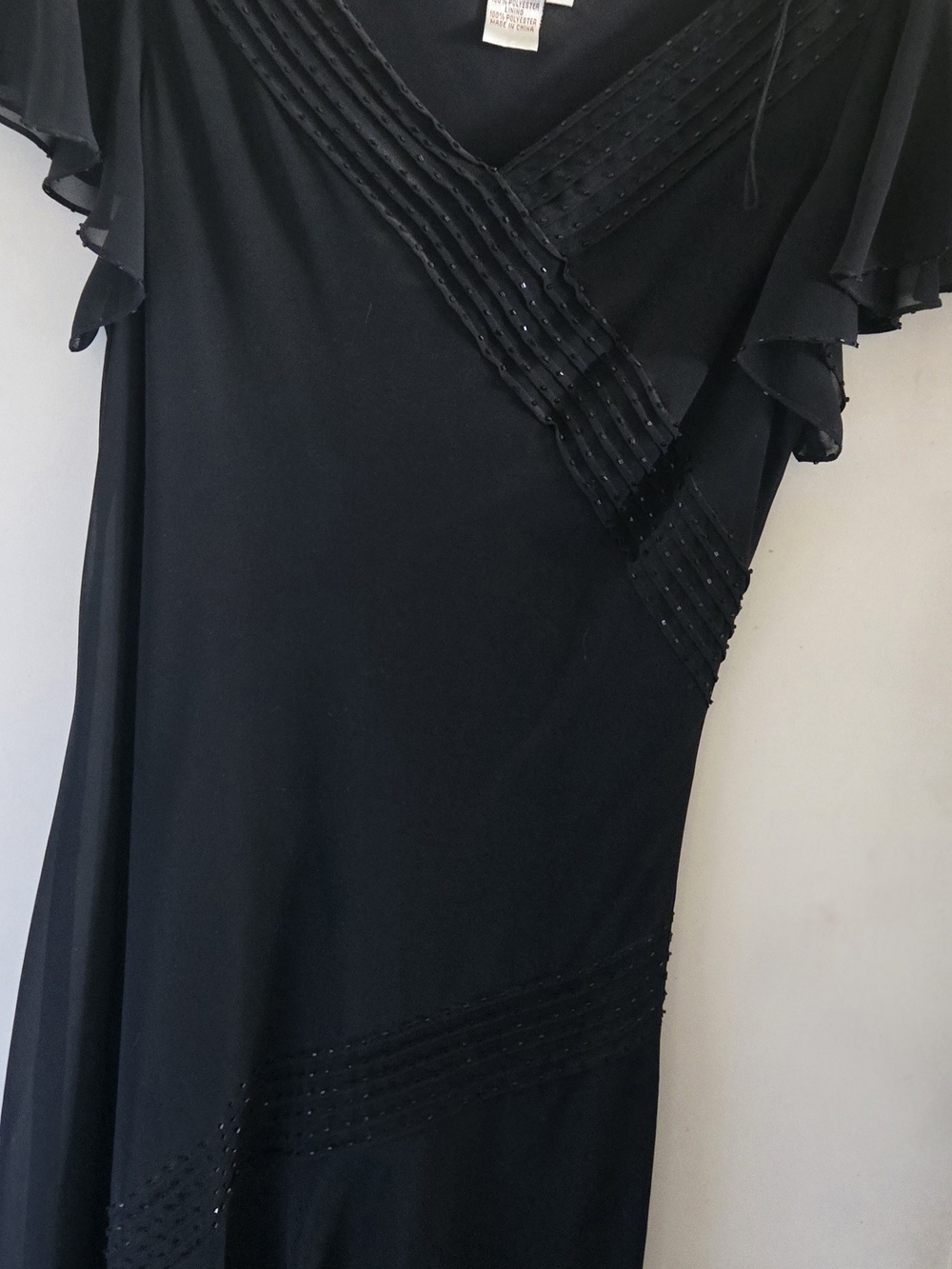 Adrianna Papell Black Tiered Chiffon Beaded Midi Cocktail Dress Size 10